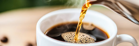 Pouring Fresh Brewed Coffee into a White Mug, Capturing Aromas of Morning Refreshment and Awakeningの素材