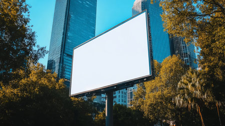 Large Urban Advertising Billboard Mockup with Blank White Screen Surrounded by Trees in City Streetの素材