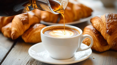 Flaky croissants and hot coffee, a delightful breakfast combination to start your day right.の素材
