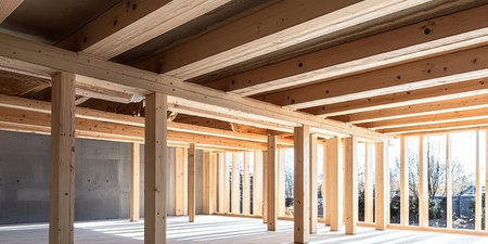 Structural Framework with Wooden Columns and Beams. A Contemporary Building s Underside and Frame.の素材