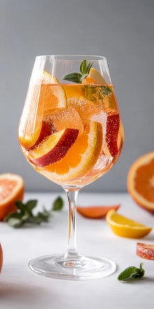 Refreshing Ros Cocktail with Citrus Fruits on Neutral Background, Perfect for Summer Gatherings.の素材