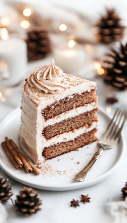 Delicious Ginger Spice Cake with Cream Cheese Frosting on a Festive Winter Holiday Table Settingの素材