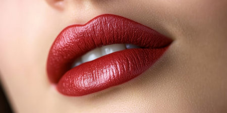 Stunning Close-Up of Perfectly Enhanced Red Lips on Beautiful Young Woman s Face, Cosmetic Artistryの素材