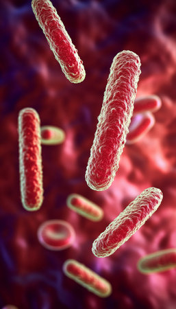 Intricate Interactions Bacteria Engaging with Red Blood Cells in a Detailed Microscopic Landscapeの素材