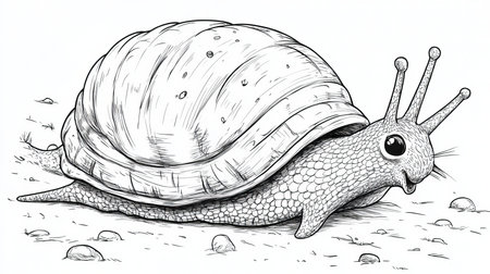 Charming Black and White Drawing of a Cheerful Snail, Perfect for Educational and Creative Use.の素材