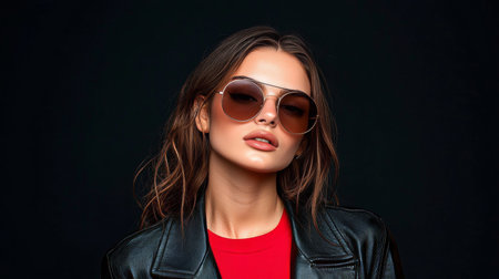 Stylish young woman wearing trendy sunglasses and modern leather jacket in dark studio settingの素材