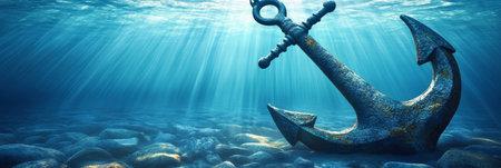 Sunken metal anchor on rocky seafloor, illuminated by sunlight filtering through the water.の素材