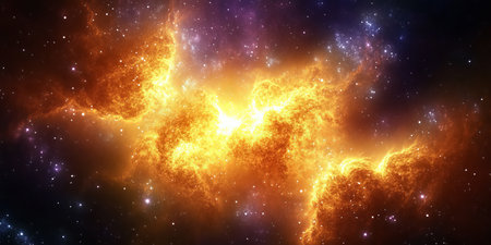 Breathtaking Cosmic Scene Featuring a Fiery Nebula with Vivid Colors of Gold, Green, and Silverの素材