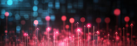 Business Growth Ascending Red Light Arrows Symbolizing Progress and Technological Advancementの素材