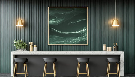 Stylish and Modern Kitchen Interior Design with Green Wood Accents, Artwork, and Elegant Lightingの素材