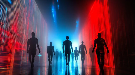 Silhouetted Figures Embodying the Journey of Human Destiny in a Colorful Metaverse Futureの素材