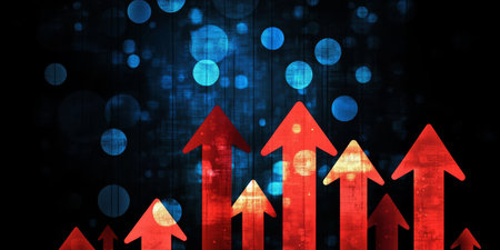 Futuristic Digital Interface Illustrating Financial Growth and Upward Trending Stock Market Graphsの素材