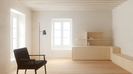 Cozy Scandinavian Interior Design Featuring Bright Windows and Warm Wooden Textures for Comfortの素材