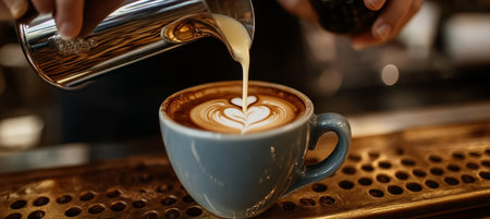 Barista Pouring Warm Milk from Metallic Pitcher to Create Beautiful Latte Art in Coffee Cupの素材