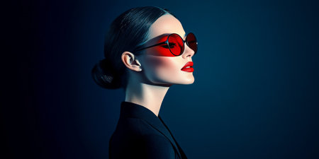 Elegant Brunette Woman in Dark Attire Wearing Red Sunglasses and Bold Red Lips Exuding Confidenceの素材