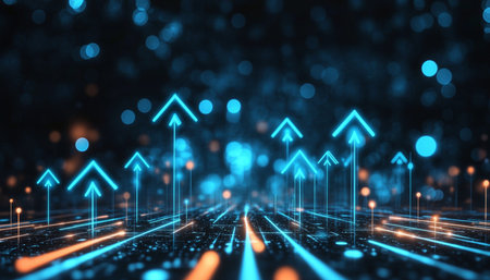 Dynamic Surge in Digital Data Flow High-Tech Visuals with Ascending Blue Arrows and Light Effectsの素材