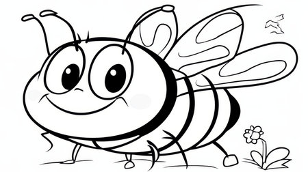 Cute Cartoon Bee in Black Outline Style, Ready for Coloring with Happy Expression and Flowersの素材