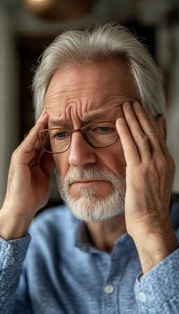 Elderly Man in Pain at Home, Rubbing His Temples While Struggling with Stress and Headache Issuesの素材