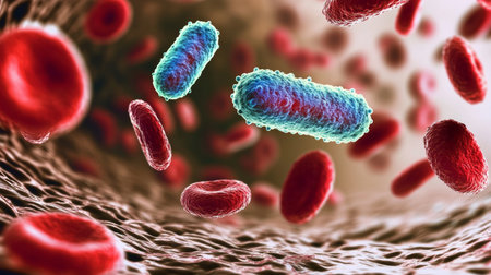 Microscopic View of Bacteria Interacting with Red Blood Cells in a Clinical Laboratory Settingの素材