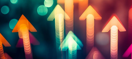 Dynamic Ascent Blurred Arrows Through a Bright Bokeh Backdrop Representing Hope and Innovation.の素材