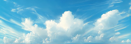 Sunny summer day featuring a clear blue sky with fluffy cumulus and wispy cirrus cloud formations.の素材