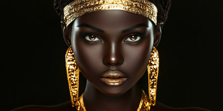 Elegant Ethnic African Queen Portrait with Gold Jewelry and Captivating Expression, Royal Beauty.の素材