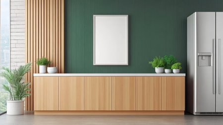 Stylish Kitchen Interior Mockup with a Large Poster Frame, Green Wood Elements, Light Wood Furnitureの素材