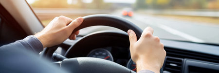 Driver s Perspective Hands Firmly on the Steering Wheel While Embracing a Scenic Highway Adventureの素材