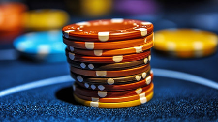 Colorful Poker Chips Stacked Elegantly on a Blue Felt Table, Ready for an Exciting Game Nightの素材