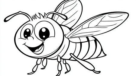 Cheerful Cartoon Bee Vector Drawing for Coloring Book in Black and White Style for Kids Funの素材