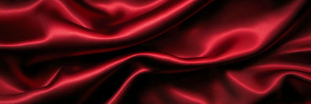 Luxurious Red Silk Satin Velvet Fabric with Elegant Drapes Creating Abstract Waves in Rich Burgundyの素材