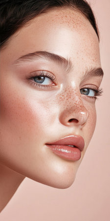 Radiant Woman with Perfect Skin and Subtle Makeup, Emphasizing Natural Beauty and Glow in Close-Upの素材