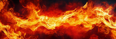 Dynamic and Fiery Wave Formation with Intense Orange Flames and Flowing Movement in Dark Backgroundの素材