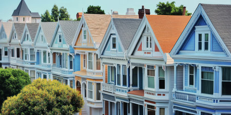 Charming Row of Colorful Houses with Unique Hues and Cozy Features for Ideal Dwelling Homesの素材
