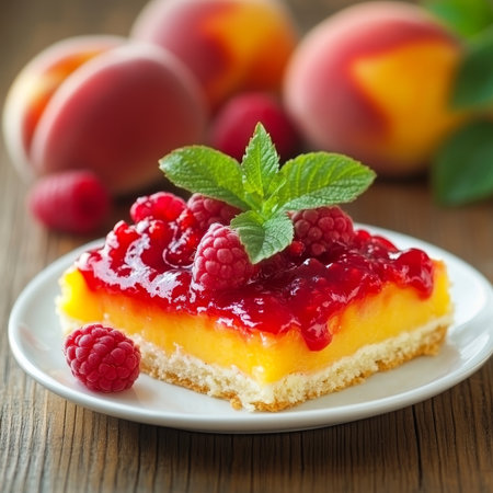 Delicious Peach and Raspberry Dessert Bar on Plate with Mint Garnish Surrounded by Fresh Fruitの素材