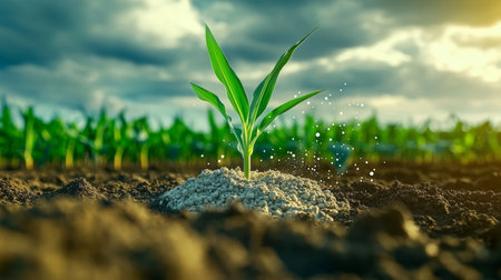 Close-Up of a Seedling Sprout Growing in Fertile Fields, Symbolizing Hope and Future Growthの素材