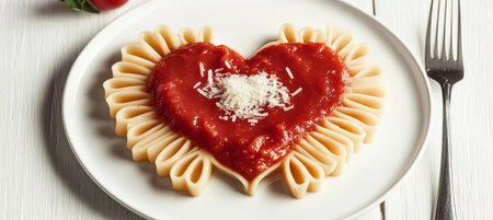 Delicious Heart-Shaped Pasta Served with Fresh Tomato Sauce for a Romantic Valentine s Day Dinnerの素材