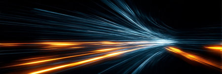 Abstract Background of Speed of Light Data Transmission with Glowing Fiber Optics and Light Trailsの素材