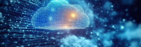A Modern Digital Network Illustration Showcasing Data Transmission and Cloud Computing Innovationsの素材