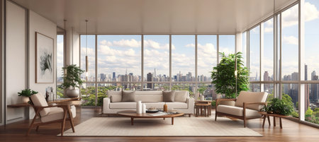 Chic modern living room with city views, cozy sofa, and elegant mid-century furniture design.の素材