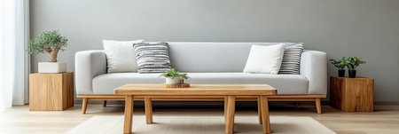 Cozy and Inviting Living Room with Sofa, Parquet Flooring, and Stylish Hygge Decor Elementsの素材