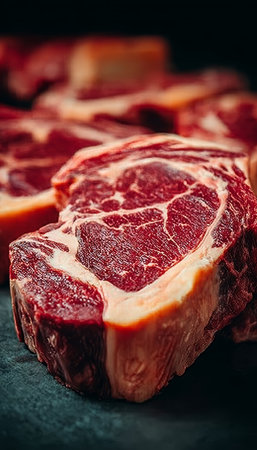 Exquisite Cuts of Raw Marbled Beef, Premium Angus Ribeye Display for Culinary Enthusiastsの素材