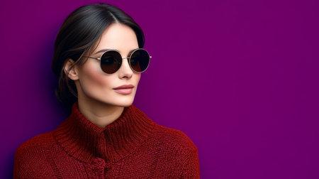 Chic woman in retro sunglasses posing in a stylish studio, exuding vintage elegance and flair.の素材