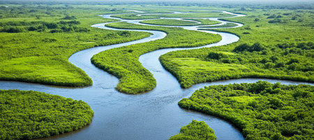 Aerial view of vibrant tropical landscape with diverse ecosystems and complex streams under sunlightの素材