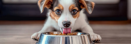 Joyful Dog Delight Happy Canine Enjoying a Delicious Meal from Her Colorful Dog Food Bowlの素材