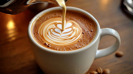 Steaming artisan coffee in close-up, featuring exquisite latte art and a relaxing atmosphere.の素材