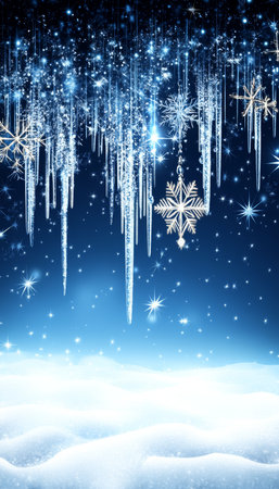 A Serene Winter Wonderland with Snow-Covered Pines, Icy Stalactites, and Twinkling Stars Aboveの素材