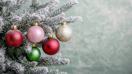 Colorful Christmas tree adorned with festive ornaments and lights against a dark green background.の素材