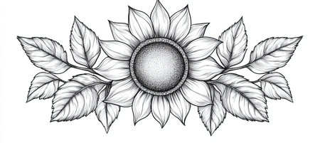 Vibrant Sunflower Artwork with Detailed Petals and Ornamental Leaves for Decorative Floral Designsの素材