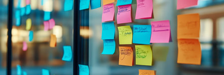 Creative and Colorful Workspace with Sticky Notes, Vision Board, and Team Collaboration Ideasの素材